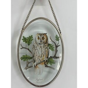 Lyford Vintage Owl Suncatcher Hand Painted Glass Oval‎ Metal Frame Made in USA